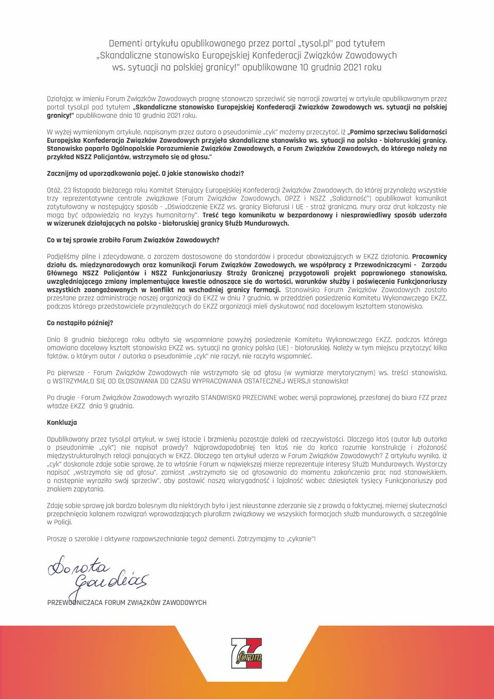 oswiadczenie fzz dementi